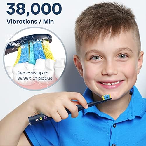 SEAGO Kids Electric Toothbrush, Sonic Soft Bristle Rechargeable Toothbrushes with DIY Stickers, 5 Modes, Includes 4 Replacement Brush Heads, Ages 3 to 12 Years Old (Navy)