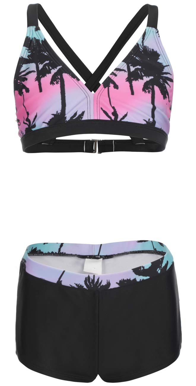 DUSISHIDAN Girls V Neck Bikini with Swim Shorts,Two Piece Swimsuits with Hawaiian Coconut Tree Print Bathing Suits, Size 10 12