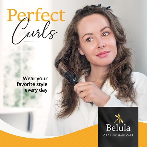 Belula Boar Bristle Round Brush for Blow Drying Set. Round Hair Brush With Large 2.7” Wooden Barrel. Hairbrush Ideal to Add Volume and Body. Free 3 x Hair Clips & Travel Bag.
