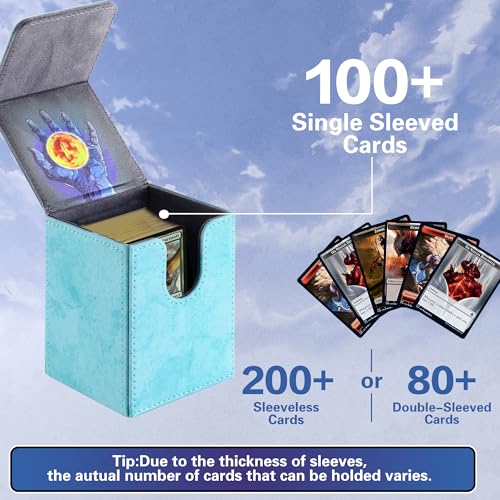 PROMAXIBINDER MTG Card Deck Box, Commander Deck Box Fits 100+ Single Sleeved Cards, Storage for TCG/MTG Crads, PU Leather Strong Magenet (Sky Blue, Tree)