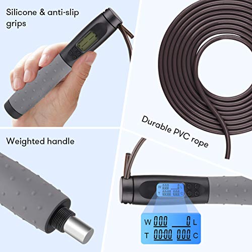 Te-Rich Weighted Skipping/ Jumping Rope with Counter for Men Women Kids Fitness Exercise Training - Heavy Handles, Adjustable Length - Cordless