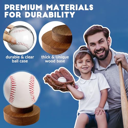 JupDec Baseball Display Case, Round Clear Ball Holder with Wooden Base, Autograph Baseball Stand Box for Single Ball, Acacia Wood, Brown