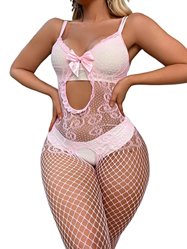 SHENHE Women's Mesh Hollow Out Cover Up Dress Bikini Beach Tunic Lingerie Dress Light Pink One Size