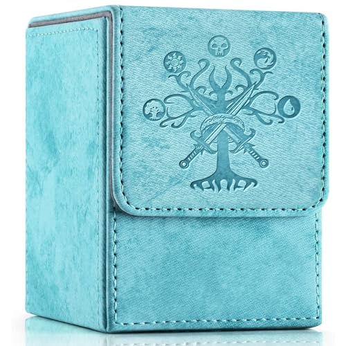 PROMAXIBINDER MTG Card Deck Box, Commander Deck Box Fits 100+ Single Sleeved Cards, Storage for TCG/MTG Crads, PU Leather Strong Magenet (Sky Blue, Tree)