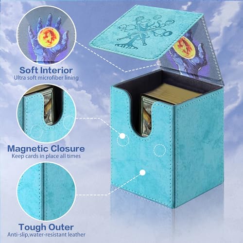 PROMAXIBINDER MTG Card Deck Box, Commander Deck Box Fits 100+ Single Sleeved Cards, Storage for TCG/MTG Crads, PU Leather Strong Magenet (Sky Blue, Tree)