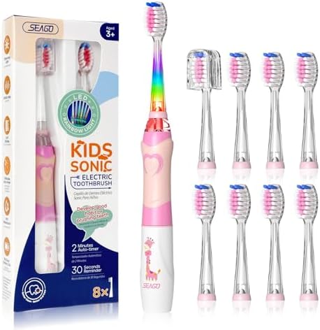SEAGO Kids Electric Toothbrush with 2 Mins Brushing Timer and 8 Replacement Bursh Heads,Rainbow LED Light Make Brushing Fun, Pink Color Girls Battery Powerd Toothbrush for 4-12 Years Old