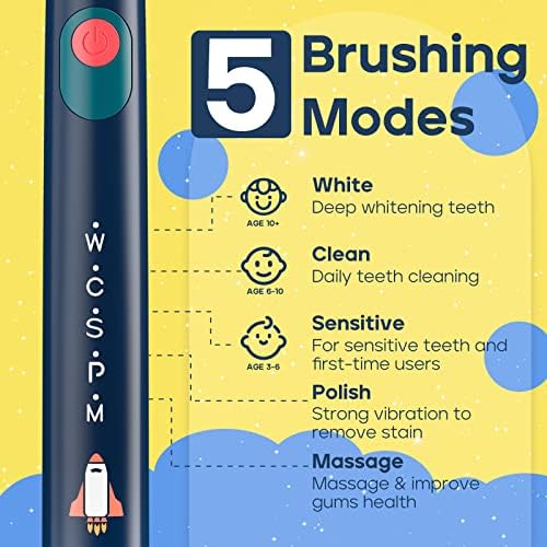 SEAGO Kids Electric Toothbrush, Sonic Soft Bristle Rechargeable Toothbrushes with DIY Stickers, 5 Modes, Includes 4 Replacement Brush Heads, Ages 3 to 12 Years Old (Navy)