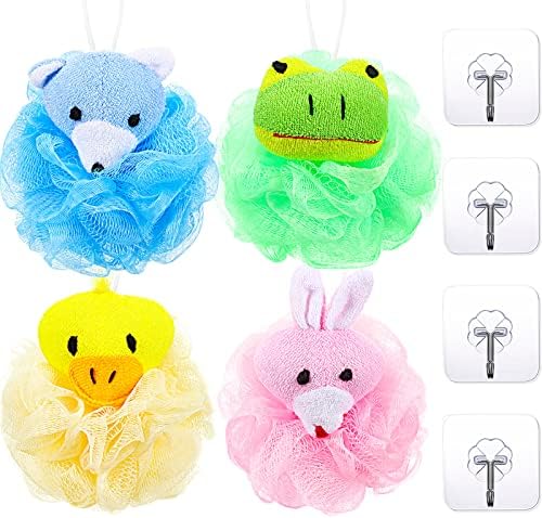 4 Pieces Animal Bath Sponge Cute Shower Sponge Colorful Cartoon Body Scrubber Balls Animal Pouf Loofahs Mesh with 4 Pieces Transparent Adhesive Hooks for Kids Adults Gifts