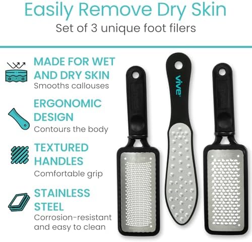Vive Foot File (3 Pack) - Feet Scraper for Dead Skin - Heel Grater, Callus Remover Scrubber Tool, Rasp for Cracked Heels - Stainless Steel Pedicure Filer for Men & Women - Use on Wet or Dry Skin