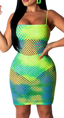 sexycherry Women's Sexy Swimsuit Cover Ups Bodycon Yellow Blue Swimwear Bikini Mesh Dress See Through Beach Dresses