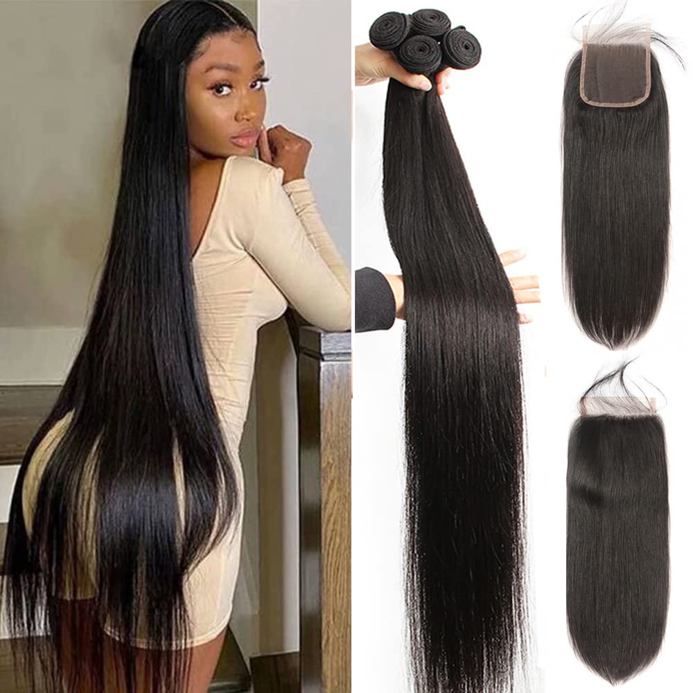 Yisea Human Hair Bundles With Lace Closure (12 14 16 18+10 Closure) Straight Hair 4 Bundles With 4X4 Lace Closure 100% Unprocess