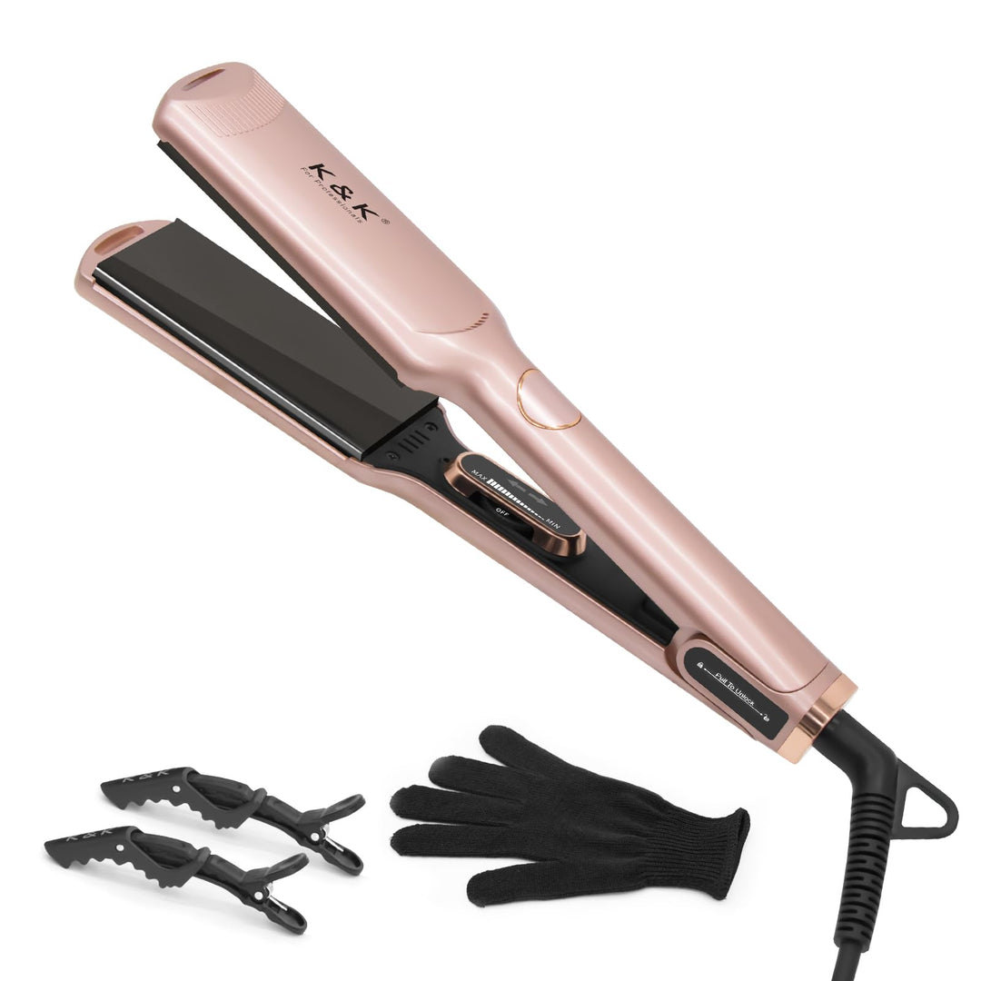 K&K 1 3/4 Inch Flat Iron Hair Straightener With Electroplate Titanium Adjustable Temp High Heat 450 Degrees 30S Instant Heats Up
