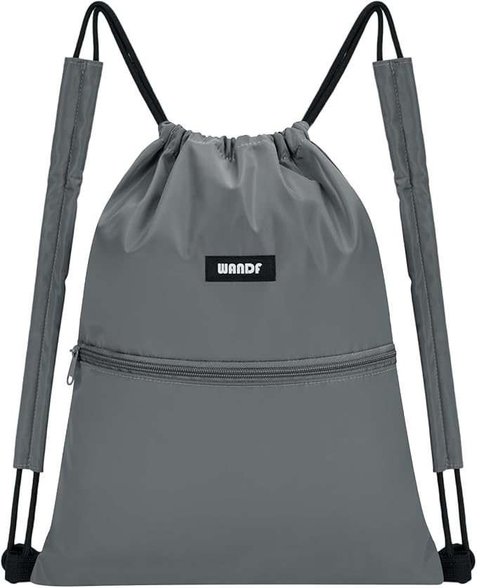 WANDF Drawstring Backpack Sports Gym Bag with Shoulder Pads Water Resistant String Bag Cinch Bag for Women Men (Grey)