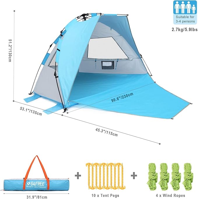 G4Free 3-4 Person Beach Tent Pop Up Shade, Lightweight UPF 50+ Beach Sun Shelter Family Size, Easy Setup and Portable Sun Shade Canopy Cabana(Bright Silver)