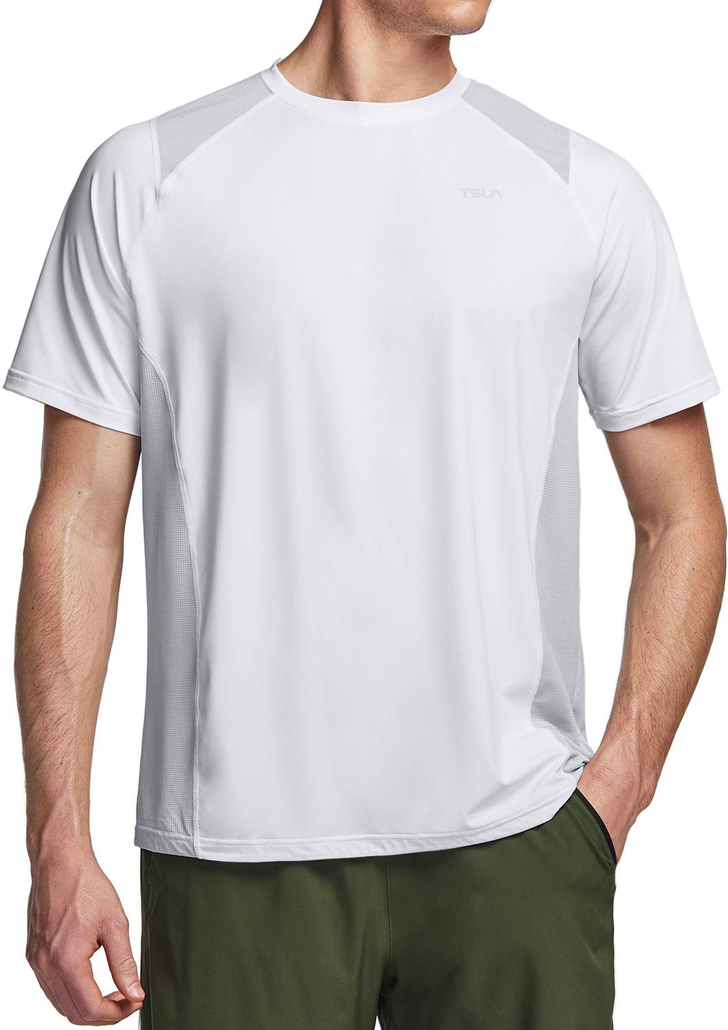 TSLA Men's Workout Running Shirts, Dry Fit Moisture Wicking T-Shirts, Sports Gym Athletic Short Sleeve Shirts, Ventilator White, X-Large