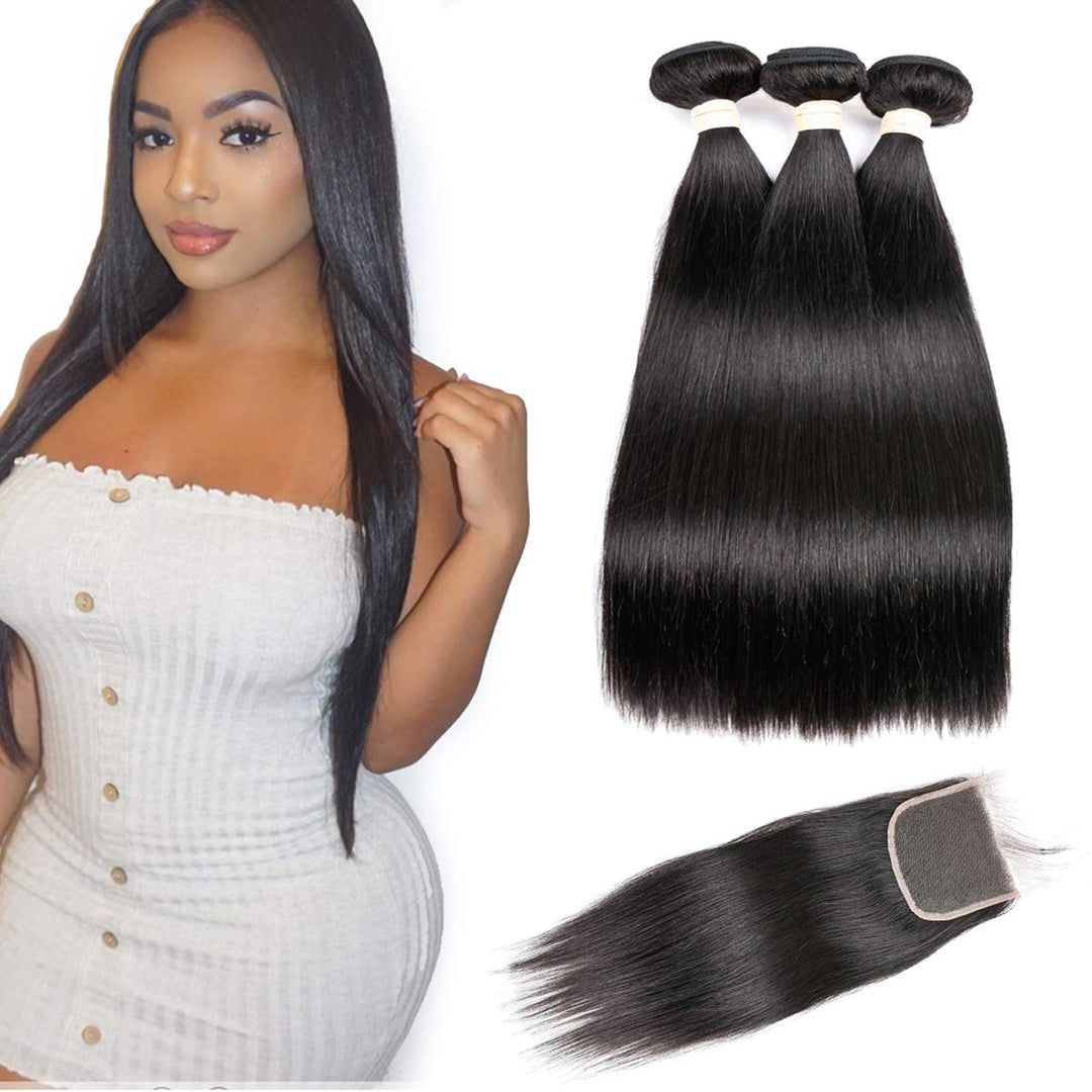 Beauhair Brazilian Straight Virgin Hair 3 Bundles With Closure Free Part (30 30 30+20 Closure), Grade 10A 100% Unprocessed Remy