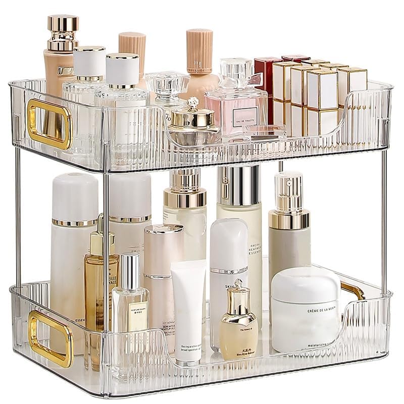CESTATIVO Bathroom Counter Organiser, 2 Tier Vanity Tray, Cosmetic Makeup Storage Shelf, Bathroom Skincare Organiser Counter Shelf, Clear
