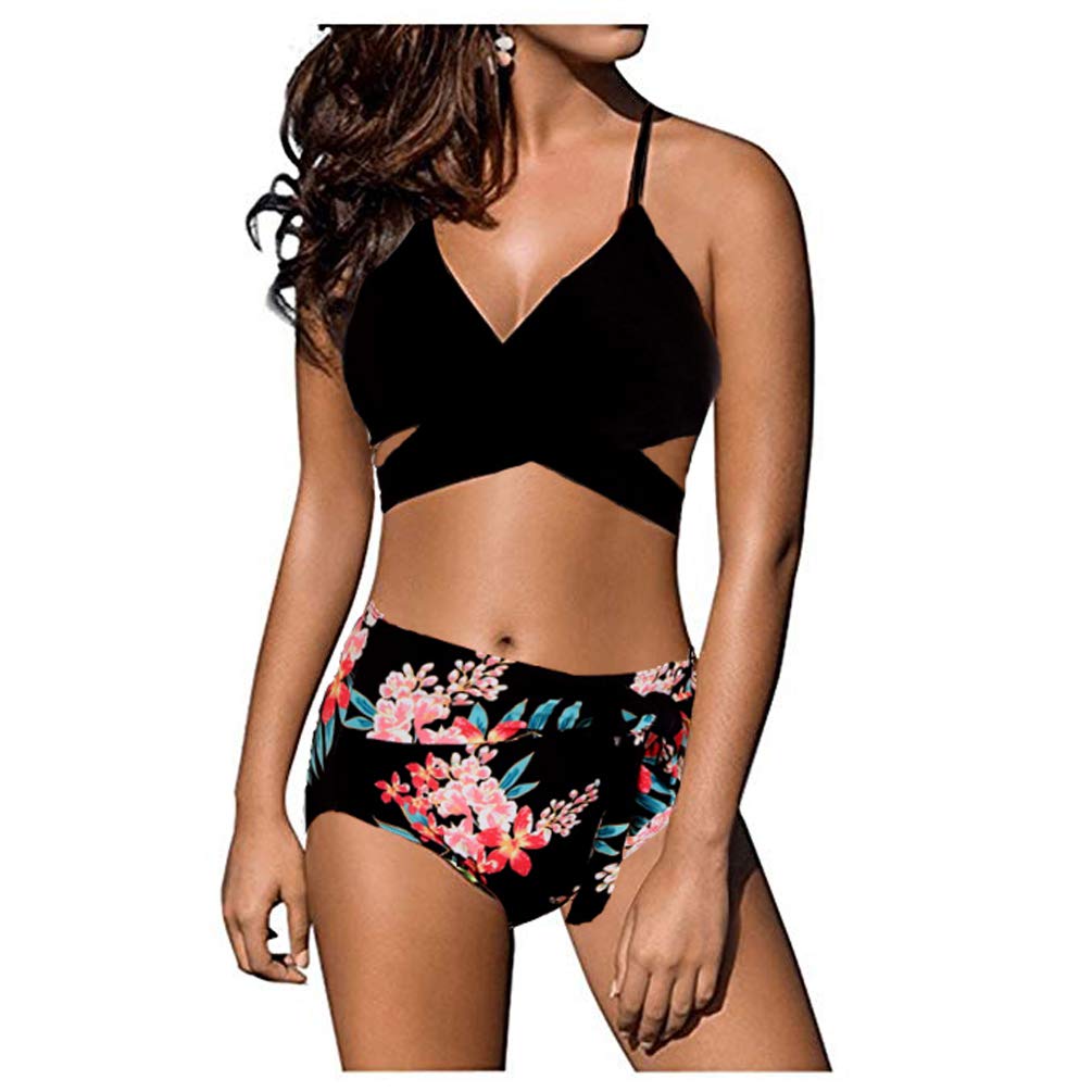 Marosoniy Womens Teen Floral Printing Cross Wrap Bandage Bikini Set Bathing Suits Two Pieces Swimsuit Beachwear (XL US (8-10), Black Top + Floral Bottom)