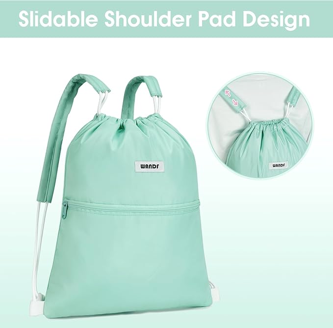 WANDF Drawstring Backpack Sports Gym Bag with Shoulder Pads Water Resistant String Bag Cinch Bag for Women Men (Mint Green)
