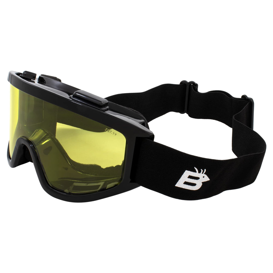 Birdz Eyewear Vulture Padded Motorcycle Goggles Fit Over Most Eyeglasses Black Frame with Yellow Lens