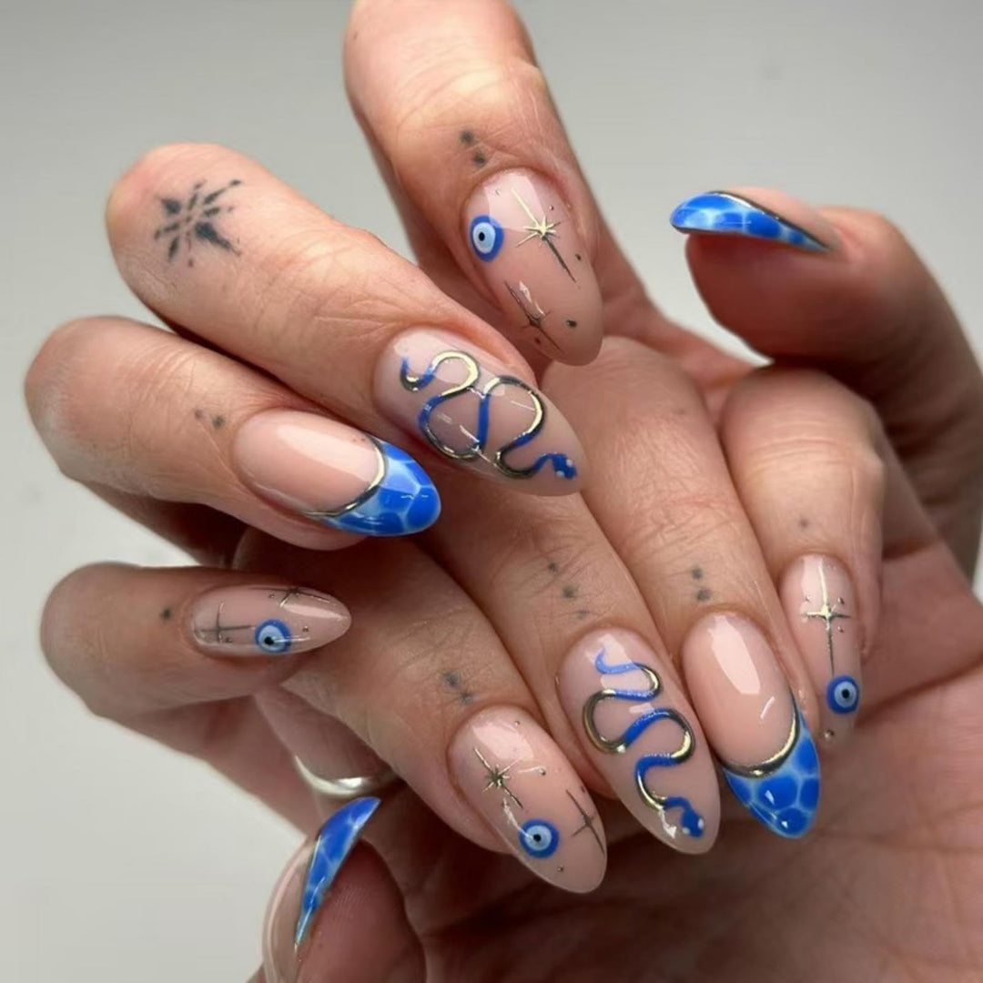 Snake Press On Nails - Medium Almond Blue French Tip False Nails with Silver Line Design, 24pcs