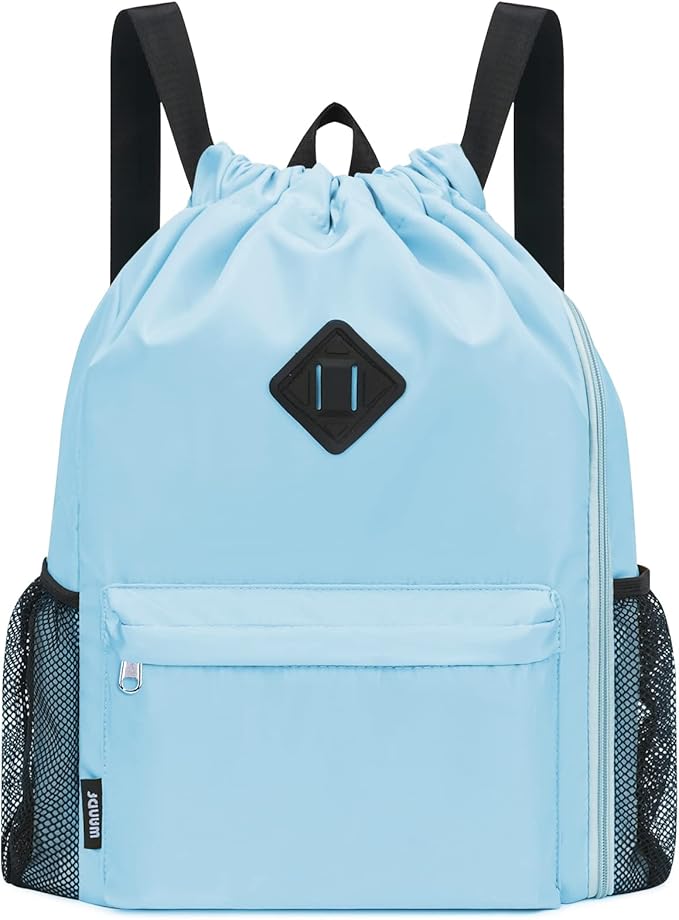 WANDF Drawstring Backpack Sports Gym Bag with Shoes Compartment, Water-Resistant String Backpack Cinch for Women Men(Large,Light blue)