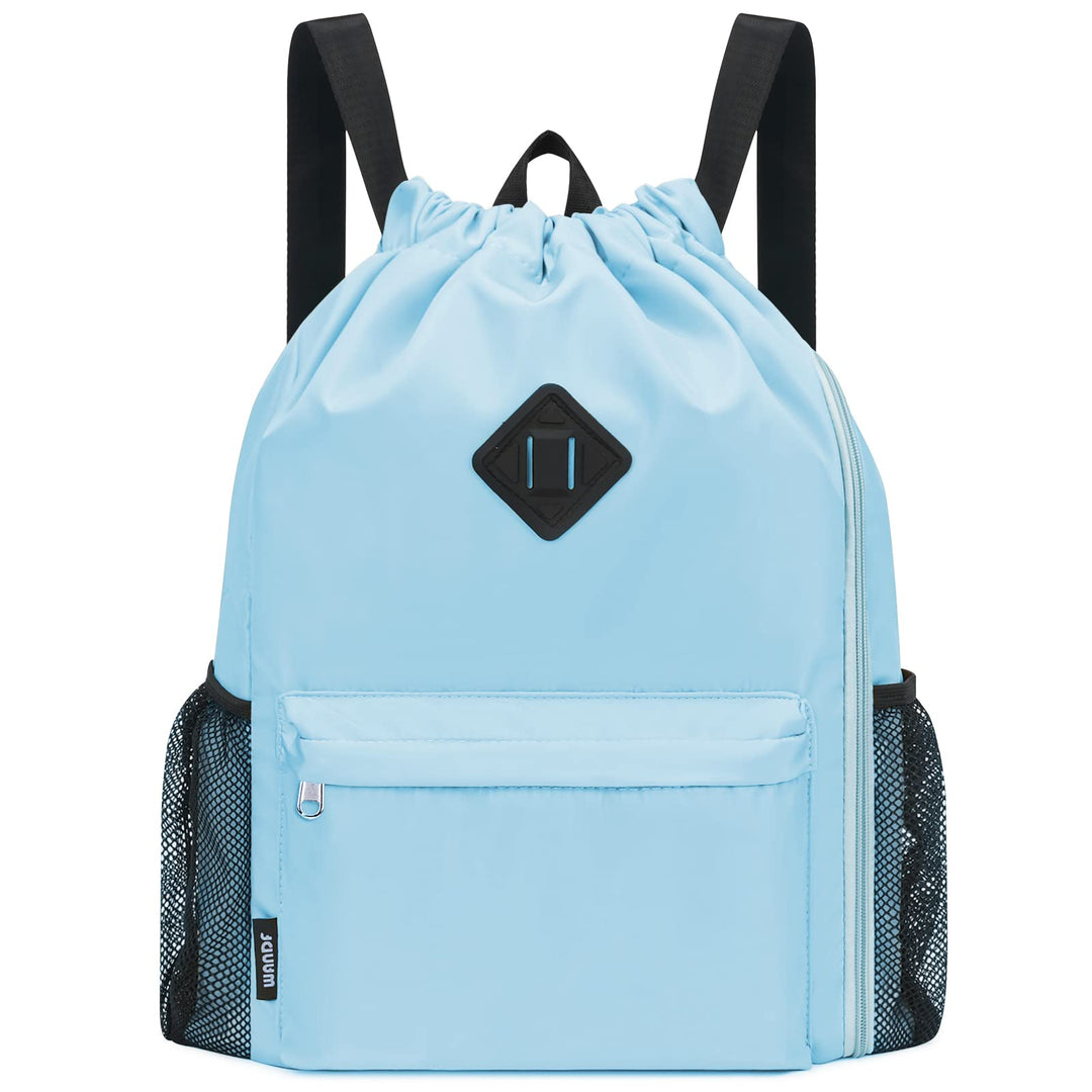 WANDF Drawstring Backpack Sports Gym Bag with Shoes Compartment, Water-Resistant String Backpack Cinch for Women Men(Large,Light blue)