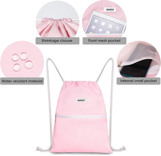 WANDF Drawstring Backpack String Bag Sackpack Cinch Water Resistant Nylon for Sport Yoga Gym Shopping (Light Pink)