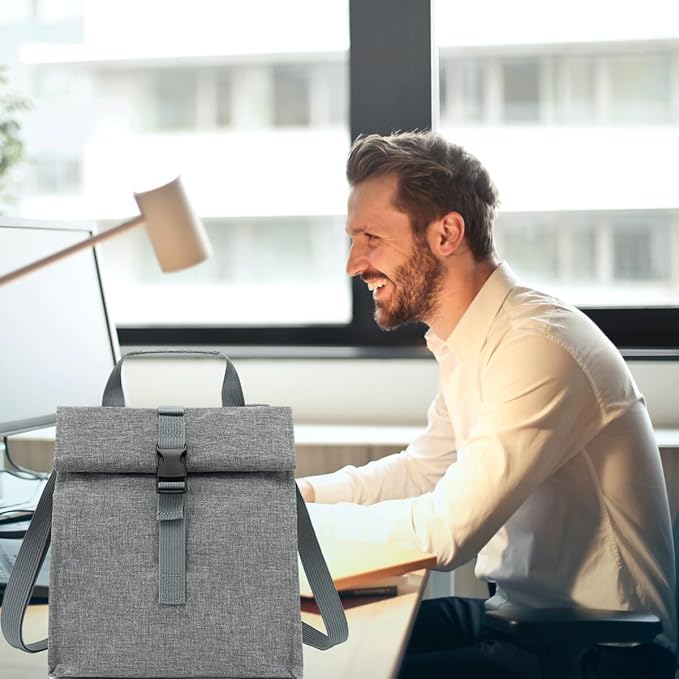 Insulated Lunch Bag for Men/Women/Kids, Roll top Reusable Lunch Box with Adjustable Shoulder Strap, Thermal Lunch Cooler Tote Container for Adults/Teens School Work Office Picnic,Grey
