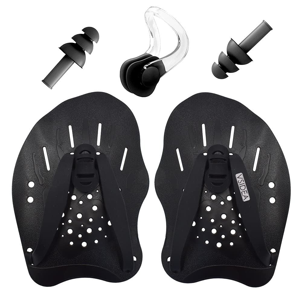 Vsidea Contoured Swim Hand Paddles with Silicone Ear Plugs and Nose Clip, Swim Paddles for Swimming Trainning Exercise