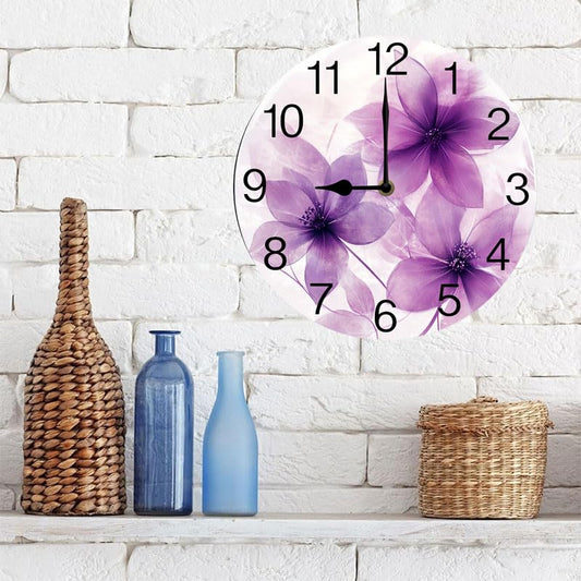 Geroclonup Round Wall Clocks Purple Flowers Wood Quartz Battery Operated Rustic Home Decor Handing Clocks for Living Room Kitchen Bedroom Bathroom Large Numbers Silent -25 cm