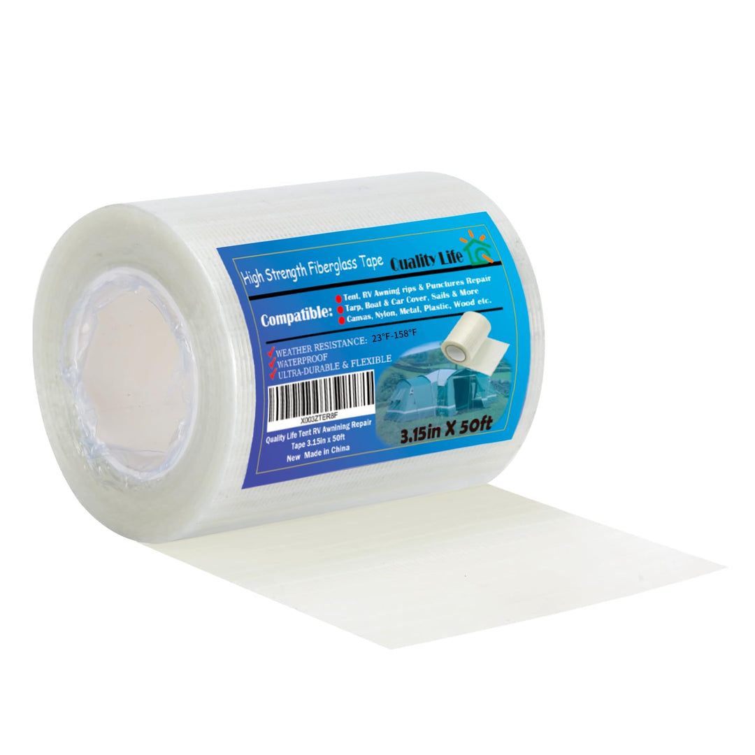 Quality Life 50ft RV Awning Repair Tape, Tent, Waterproof Tarp, Car Cover, Boat Covers, Sail Tape, Outdoor Umbrella Fiber Glass Repair Tape 3.15in