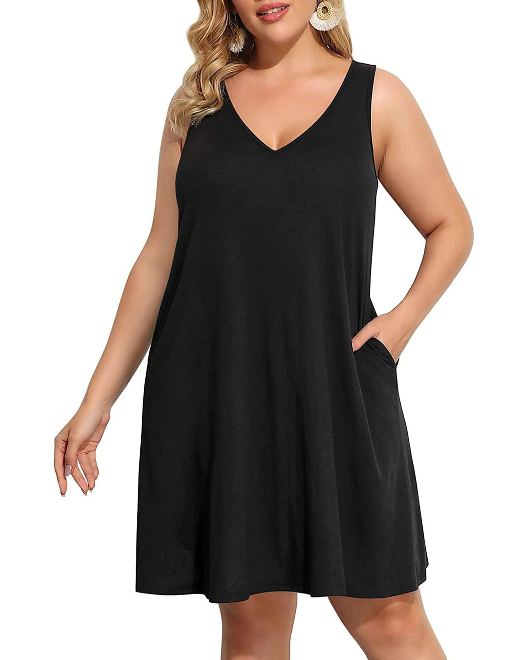 Pinup Fashion Plus Size Tank Dresses Women Casual Summer Black T-Shirt Sundresses Sleeveless Short Loose Cover Up Swing Dress Pockets