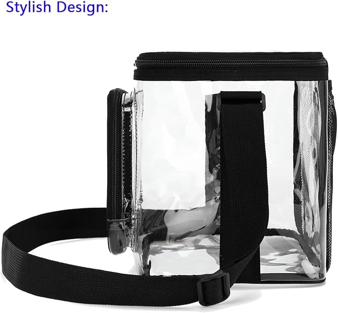 FlowFly Insulated Reusable Lunch Bag Adult Large Lunch Box for Women and Men with Adjustable Shoulder Strap,Front Zipper Pocket and Dual Large Mesh Side Pockets, Clear