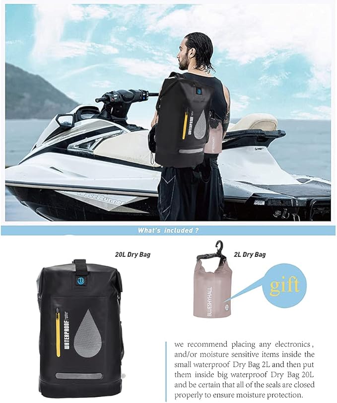 Blueshyhall 20L Waterproof Dry Backpack, Outdoor Travel Roll Top Closure Water Repellent Duffle Storage Sack for Kayaking Rafting Boating Fishing Camping and Beach - Black