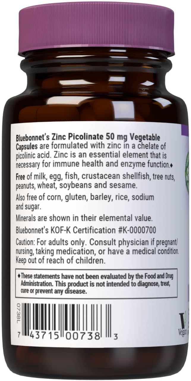 Bluebonnet Nutrition Zinc Picolinate, Hormonal & Immune, Prostate Health, Skin, Vegan, Non GMO, Gluten, Soy & Milk Free, Kosher, White, 50 Count