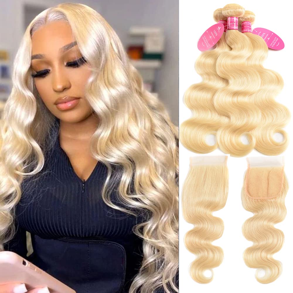 Yisea 613 Blonde Bundles With 4 4 Lace Closure Brazilian Body Wave 3 Bundles With Closure Blonde Human Hair Bundles With Closur