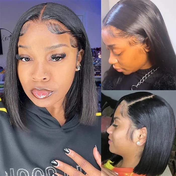 Bob Wig Human Hair 13x4 Lace Front Wigs Human Hair Pre Plucked with Baby Hair 180% Density Short Bob Wigs for Women Straight Bob Frontal Wigs for Women Natural Black (12inch,Short Wigs)