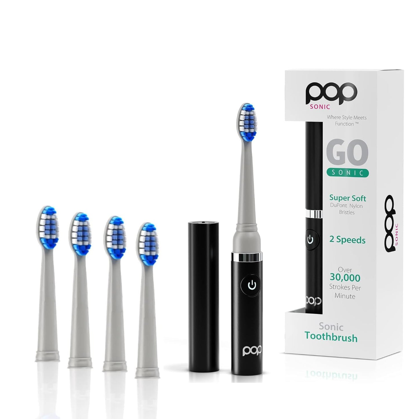 Pop Sonic Electric Toothbrush (Black + 4 Brush Heads) - Travel Toothbrushes w/AAA Battery | Kids Electric Toothbrushes with 2 Speed & 15,000-30,000 Strokes/Minute, Dupont Nylon Bristles