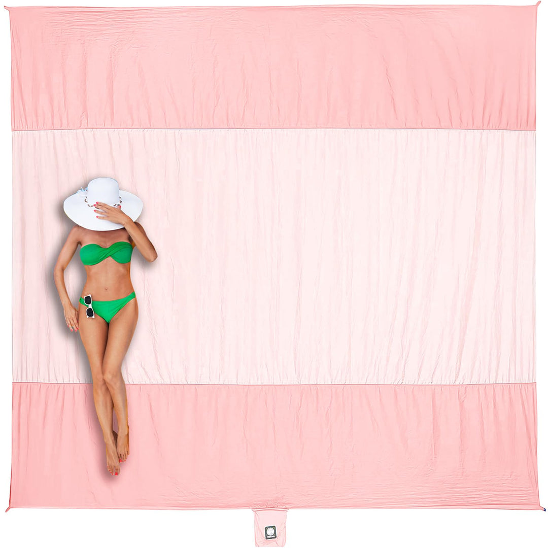 WEKAPO Beach Blanket Sandproof, Extra Large Beach Mat, Big & Compact Sand Free Mat Quick Drying, Lightweight & Durable with 6 Stakes & 4 Corner Pockets (Pink, 7x7 FT (1~3 person))