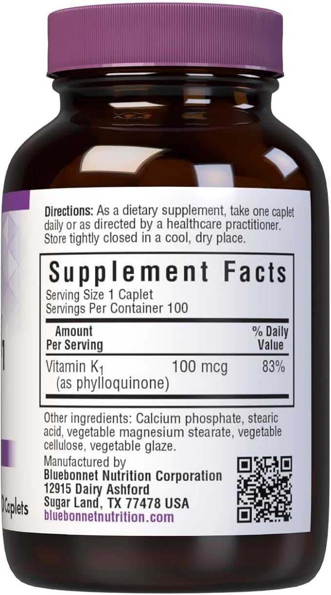 Bluebonnet Vitamin K1 100 mcg Supports Bone Health - Phylloquinone Crystalline Vitamin K Supplement - Non-GMO, Kosher Certified, Gluten-Free, Dairy-Free - 100 Vegan Caplets