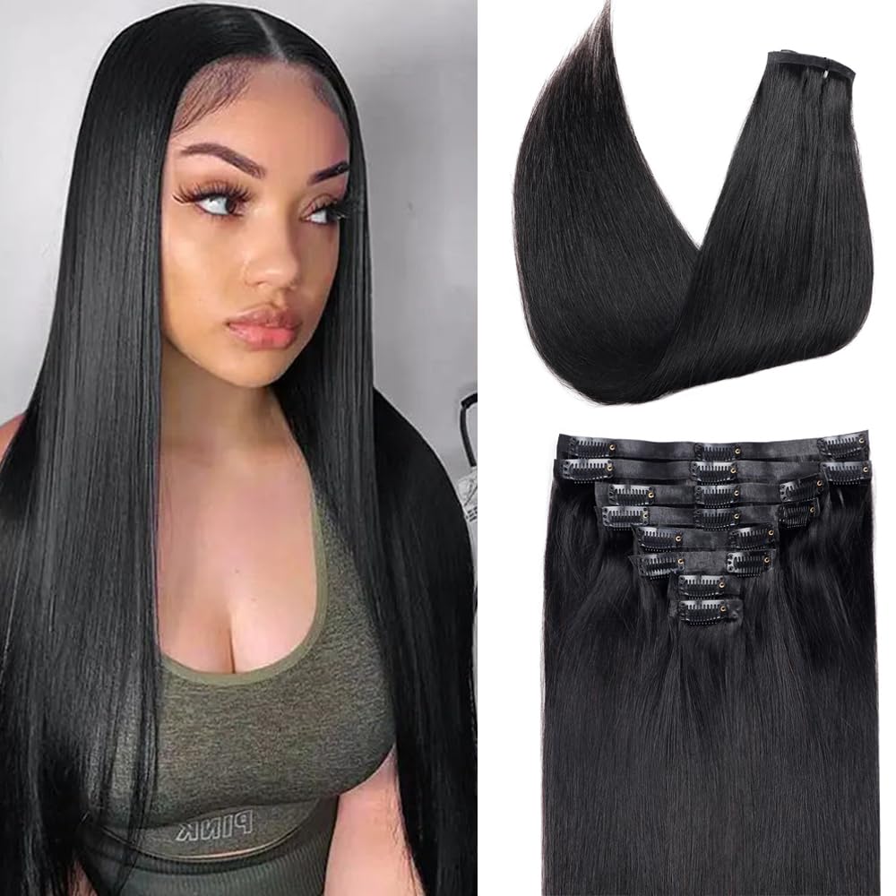 Pobokix Seamless Clip in Hair Extensions Real Human Hair Straight Brazilian Virgin Human Hair Clip in Extensions for Women 8Pcs PU Clip in Remy Hair Skin Weft with 18Clips 120g14inch Natural Black