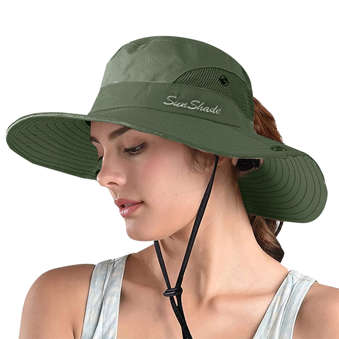 ZOORON 1 Pack Women's Ponytail Safari Sun Hat,Wide Brim UV Protection Outdoor Bucket Hat,Foldable Beach Summer Fishing Hat(puregreen)