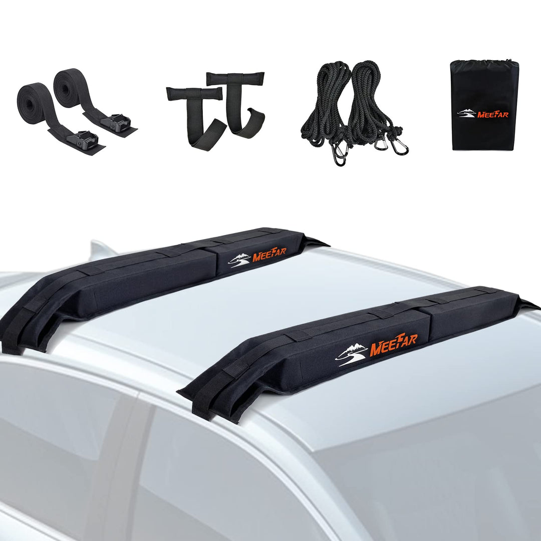 MeeFar Universal Car Soft Roof Rack Pads Luggage Carrier System for Kayak Surfboard SUP Canoe Include 2 Heavy Duty Tie Down Straps, 2 Tie Down Rope, 2 Quick Loop Strap and Storage Bag