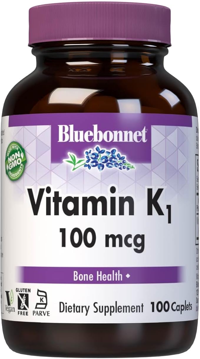 Bluebonnet Vitamin K1 100 mcg Supports Bone Health - Phylloquinone Crystalline Vitamin K Supplement - Non-GMO, Kosher Certified, Gluten-Free, Dairy-Free - 100 Vegan Caplets