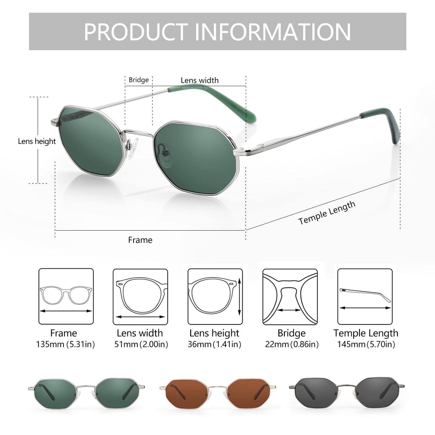 ZENOTTIC Small Octagonal Polarized Sunglasses for Women Men Hippie Metal Frame Retro Rectangle Sun Glasses