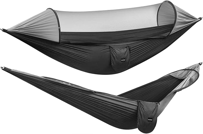 G4Free Large Camping Hammock with Mosquito Net 2 Person Pop-up Parachute Lightweight Hanging Hammocks Tree Straps Swing Bed for Outdoor Backpacking Backyard Hiking