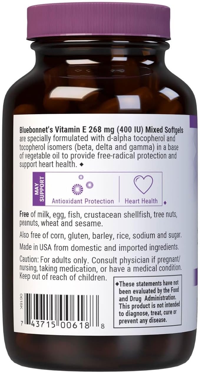 Bluebonnet Nutrition Vitamin E 400 IU (268 mg) Mixed Tocopherols Softgels, Free Radical Portection & Cardiovascular Support, Gluten-Free, Dairy-Free, Softgels, Servings, 100 Count