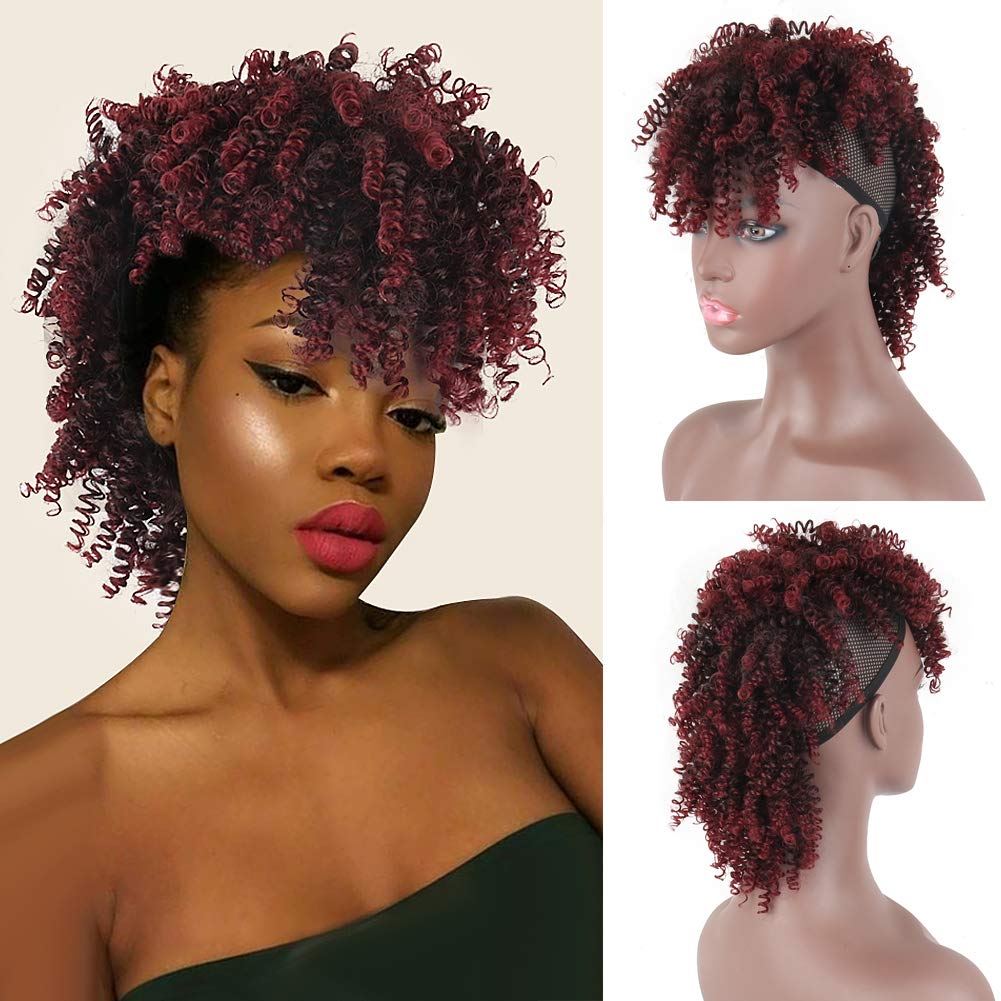 Aisaide High Puff Afro Ponytail Drawstring,Short Red Curly Ponytail Extension,Mohawk Kinky Synthetic Hair Bun With Bangs,Wrap Up