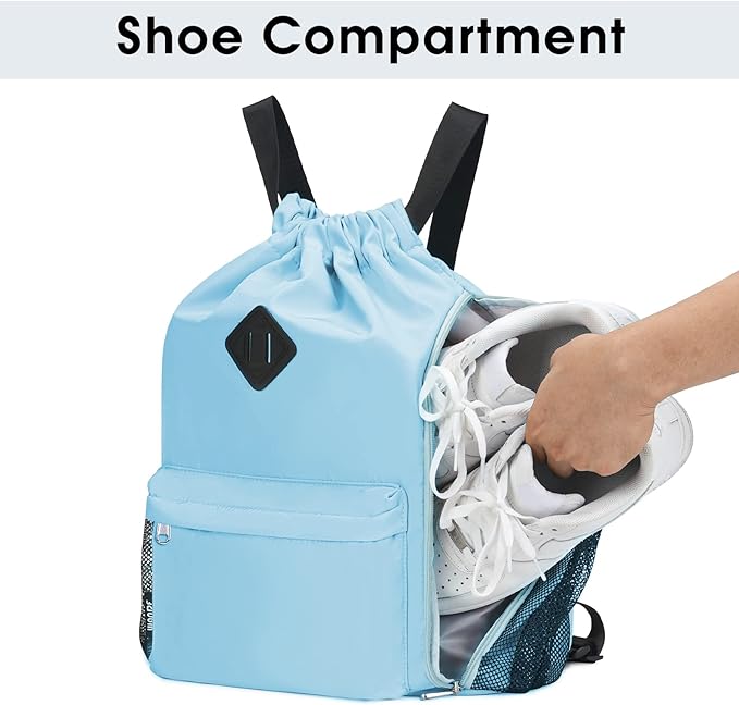 WANDF Drawstring Backpack Sports Gym Bag with Shoes Compartment, Water-Resistant String Backpack Cinch for Women Men(Large,Light blue)
